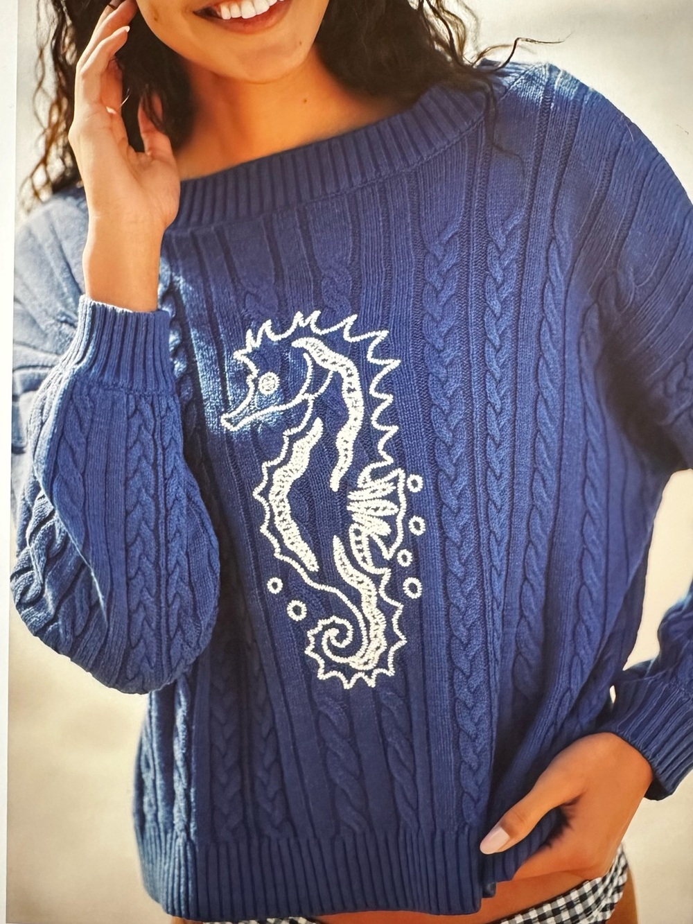 New with Tag $138 Anthropologie Celandine Blue Cable-Knit Seahorse Sweater sz L